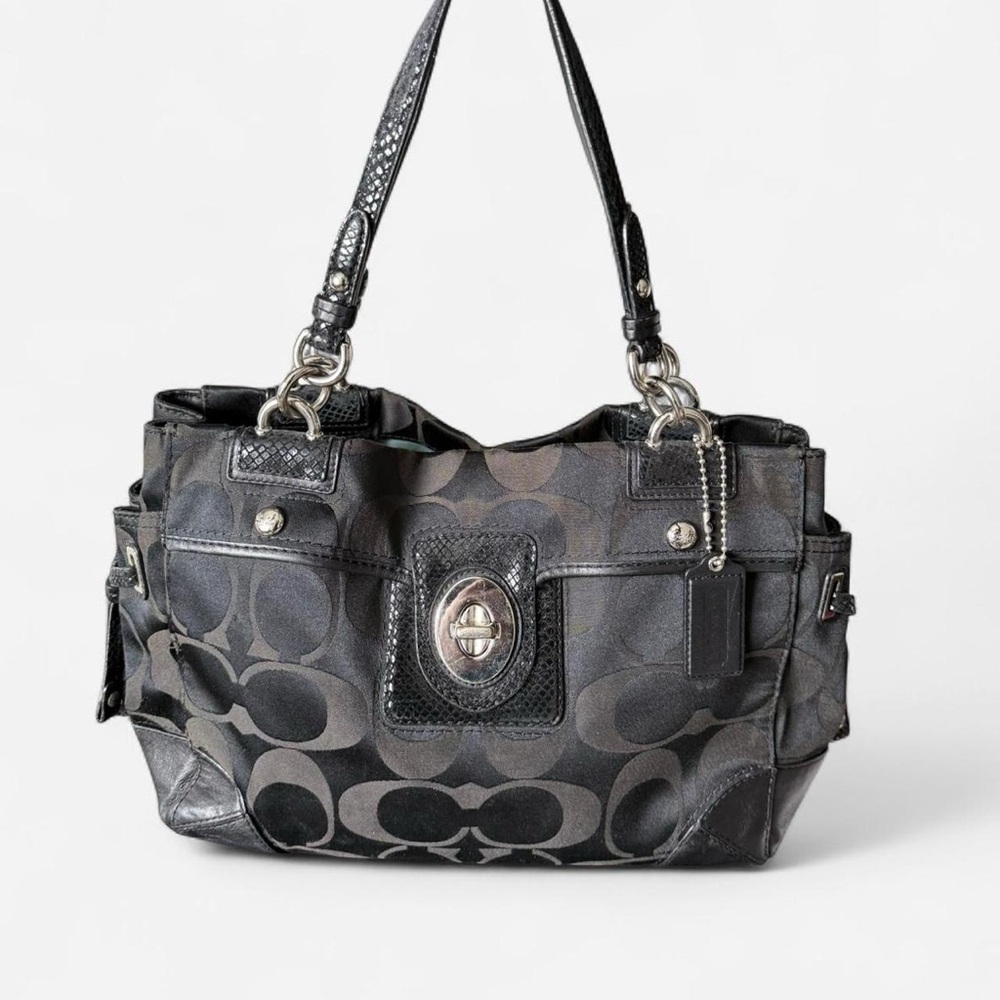 COACH Peyton Signature Satchel #14528 Khaki Jacquard Leather Trim Large Carryall